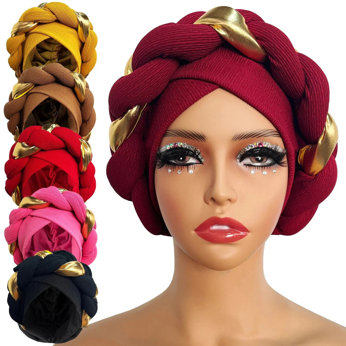 African turban cap from Showlu Fashion, pleated Muslim hijab and Arab hair accessory, styled as a wrapped head covering for women.