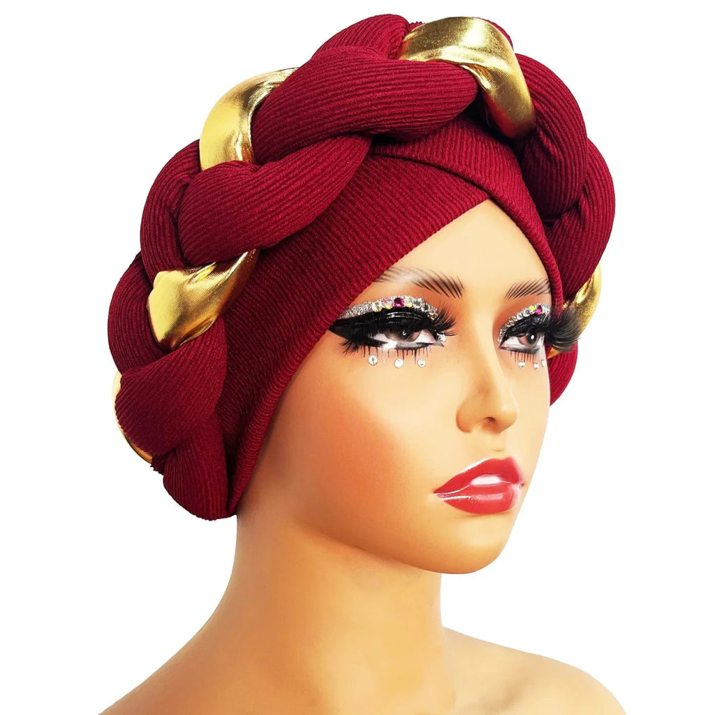 Showlu African turban cap with pleated design, worn as a Muslim hijab or hair accessory, suitable for Arab and African styles.