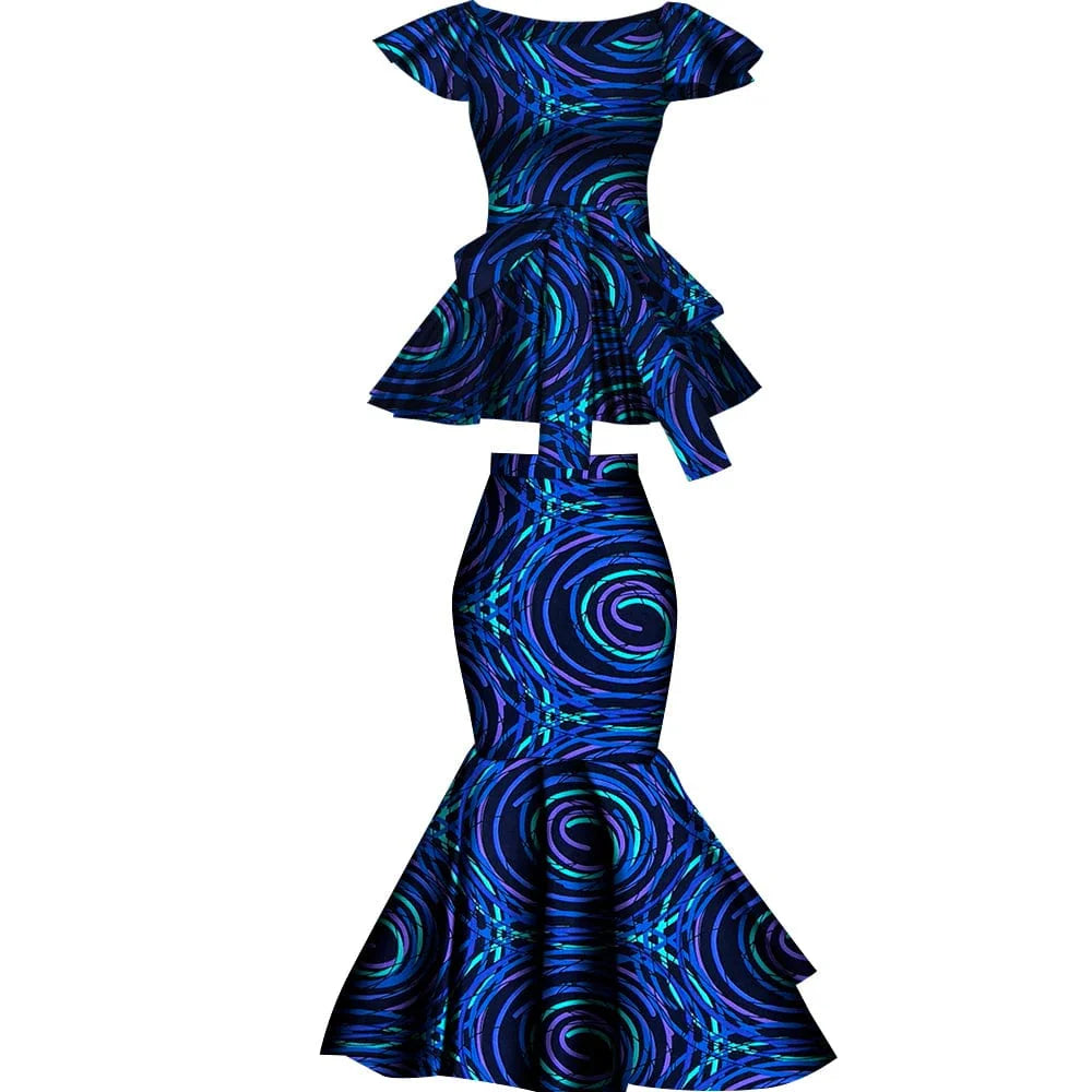 African Dashiki wax print cotton two-piece set with flared skirt and top, featuring vibrant African-inspired patterns.