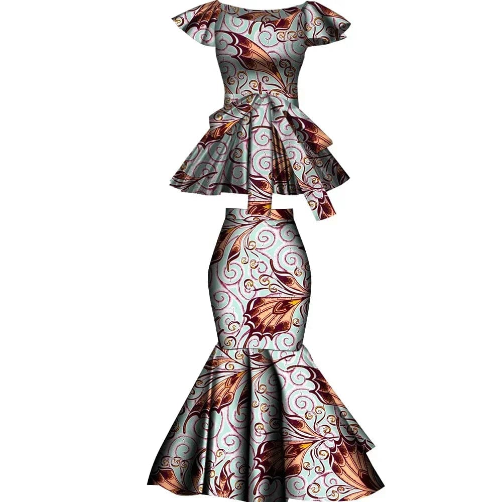 African Dashiki wax print cotton two-piece set with flared skirt and top, vibrant and stylish for plus-size party wear.
