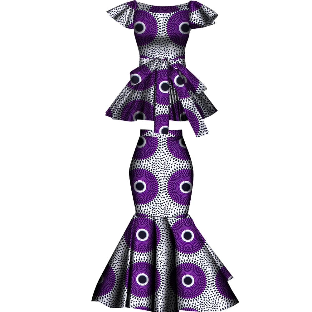 African Dashiki wax print cotton skirt and top set by Wingfei, flared style, vibrant colors, plus size, perfect for parties.