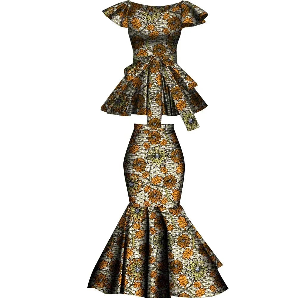 African Dashiki wax print cotton two-piece set with flared skirt and top, stylish plus-size party clothing by Wingfei.