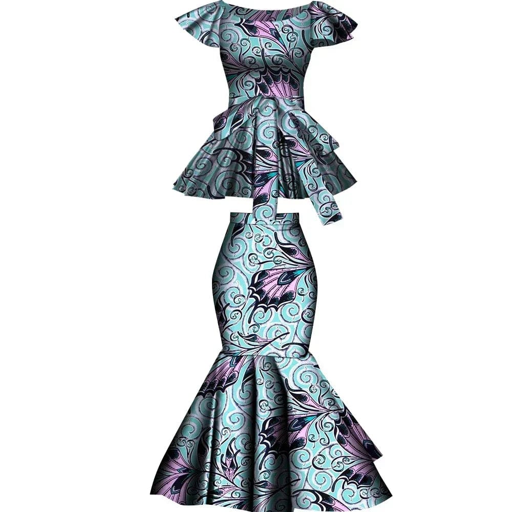 African Dashiki wax print cotton two-piece set with flared skirt and top, stylish plus-size party clothing by Wingfei.