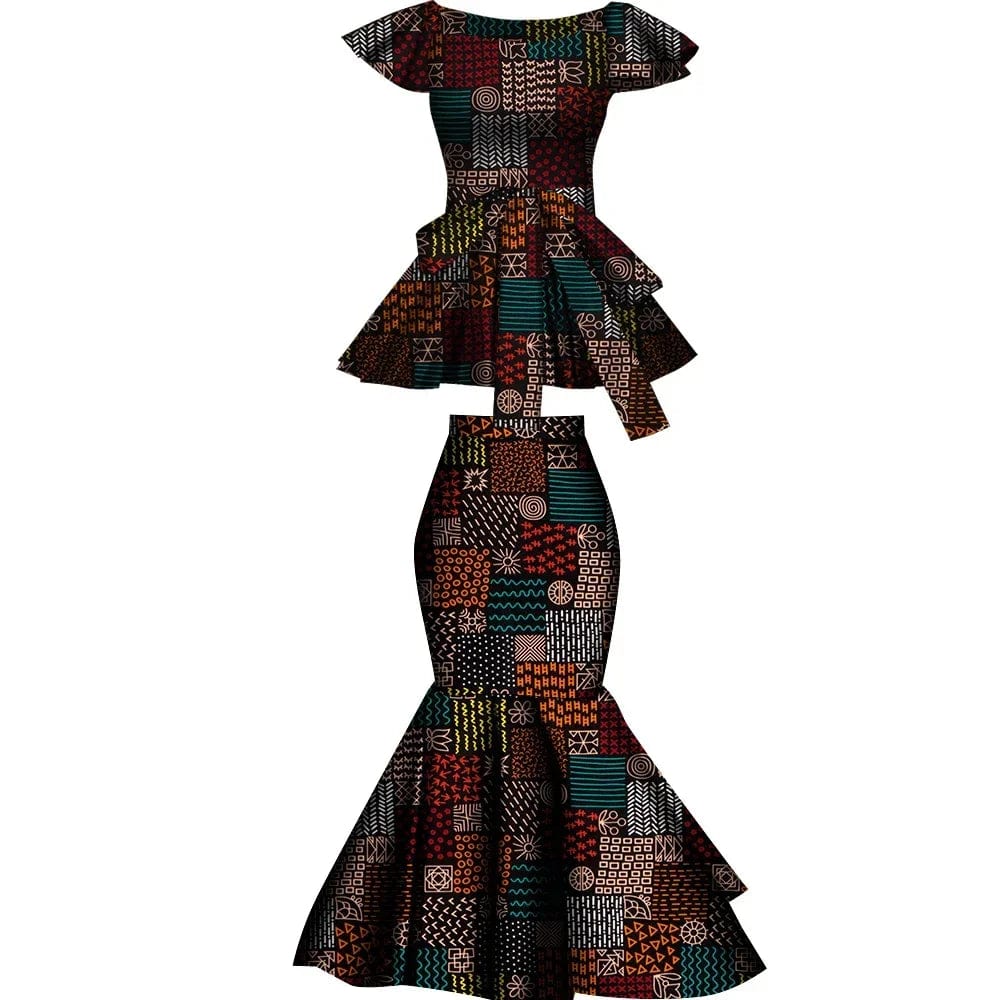 African Dashiki wax print cotton two-piece set with flared skirt and top, plus-size party clothing from Wingfei by SHOWLU FASHION.