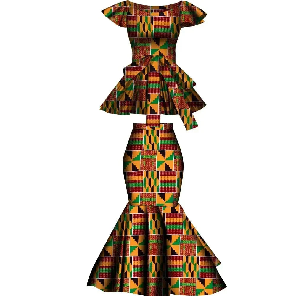 African Dashiki wax print cotton two-piece set with flared skirt and top, perfect for stylish plus-size party wear.
