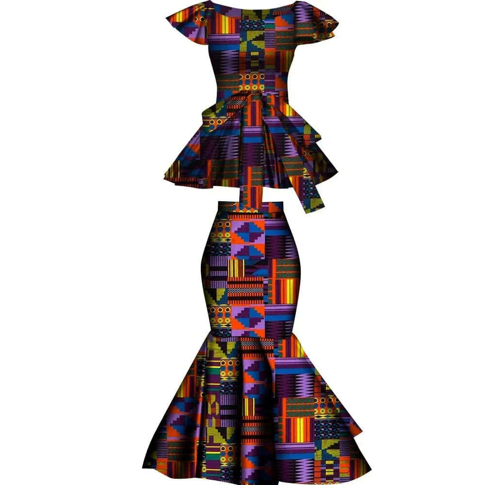 African Dashiki Wax Print cotton flared skirt and top set by Wingfei, plus-size party clothing with vibrant patterns and comfortable fit.