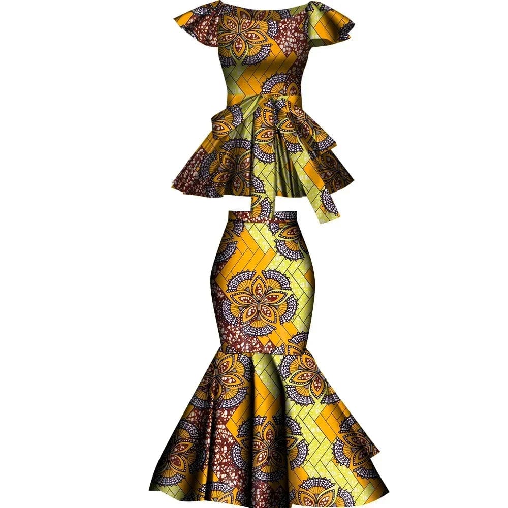 African Dashiki wax print cotton two-piece set with flared skirt and top, featuring vibrant patterns and plus-size fit.