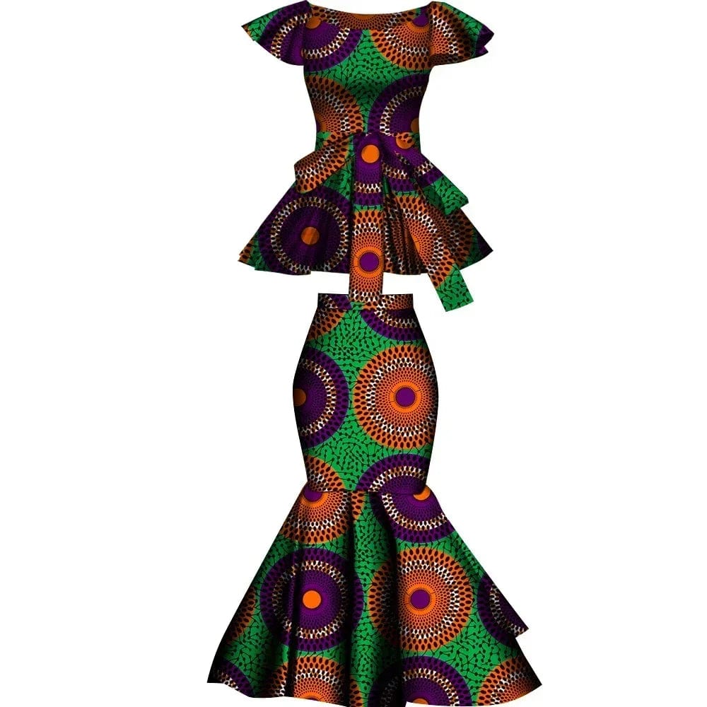 African Dashiki Wax Print cotton flared skirt and top set by Wingfei, stylish plus-size traditional party clothing.