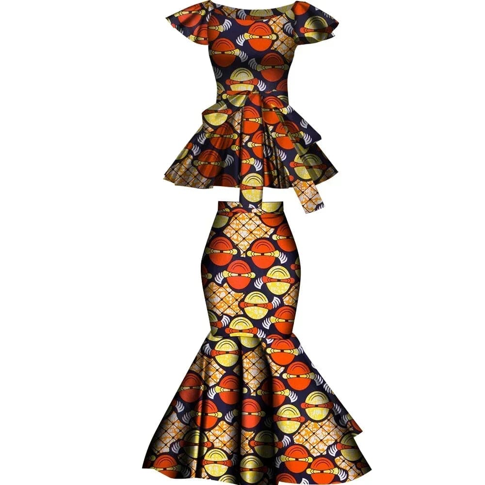 African Dashiki wax print cotton two-piece set with flared skirt and top, plus-size party clothing by Wingfei for SHOWLU FASHION STORE