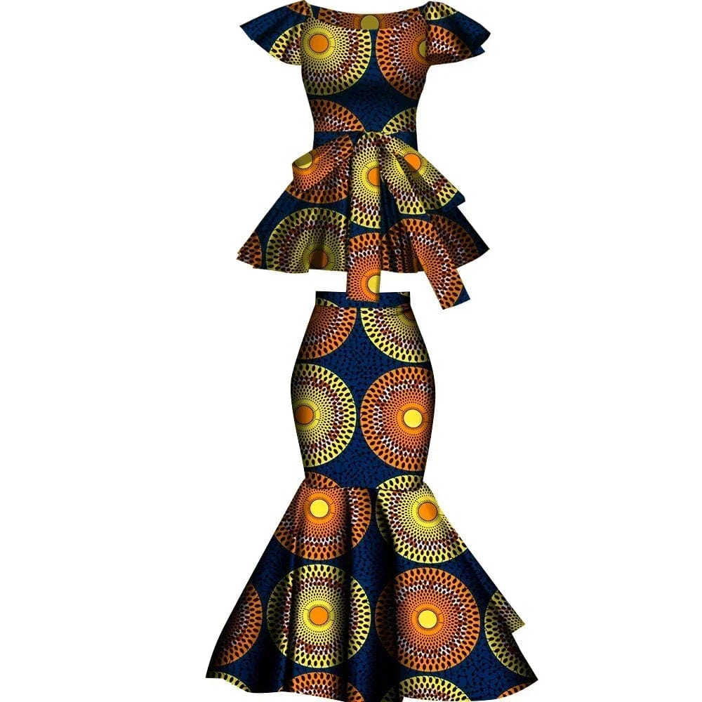 African Dashiki wax print cotton two-piece set with flared skirt and top, stylish plus-size party clothing from Wingfei.