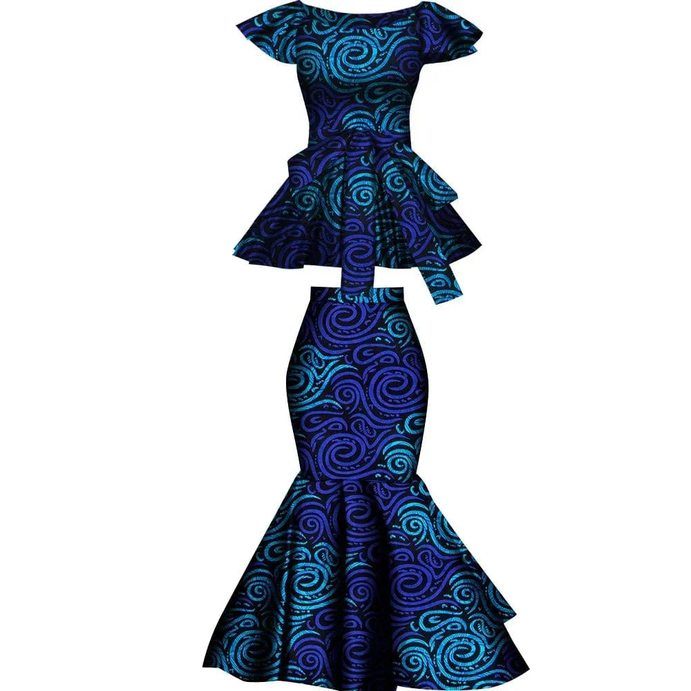 African Dashiki wax print cotton two-piece set featuring a flared skirt and top, perfect for stylish plus-size party wear.
