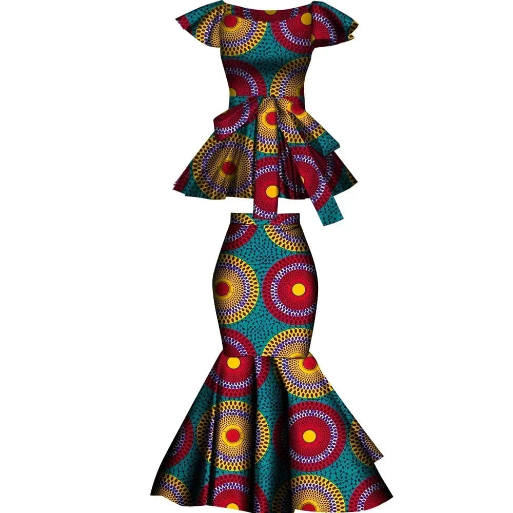 African Dashiki wax print cotton two-piece set with flared skirt and top, plus size party clothing from Wingfei by SHOWLU FASHION.