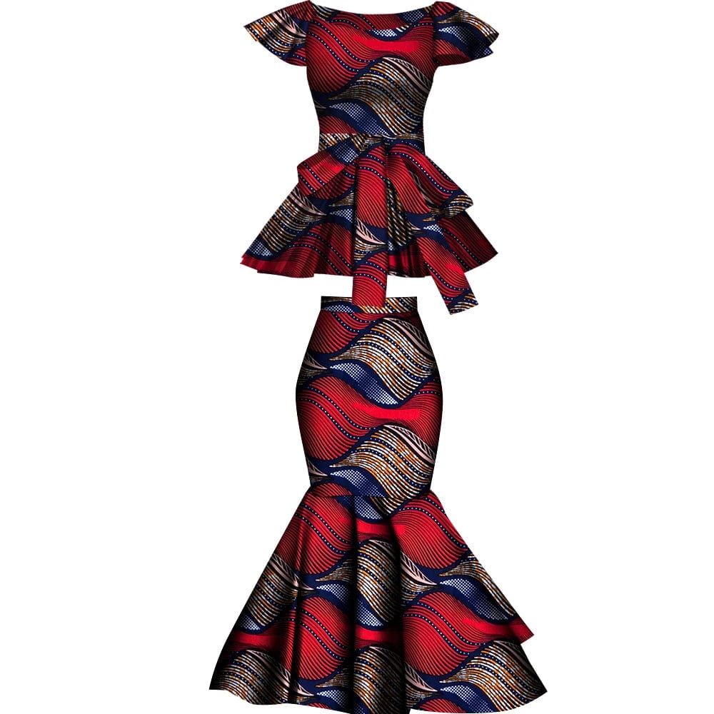 African Dashiki wax print cotton two-piece set with flared skirt and top, perfect for party wear, by Wingfei SHOWLU FASHION STORE