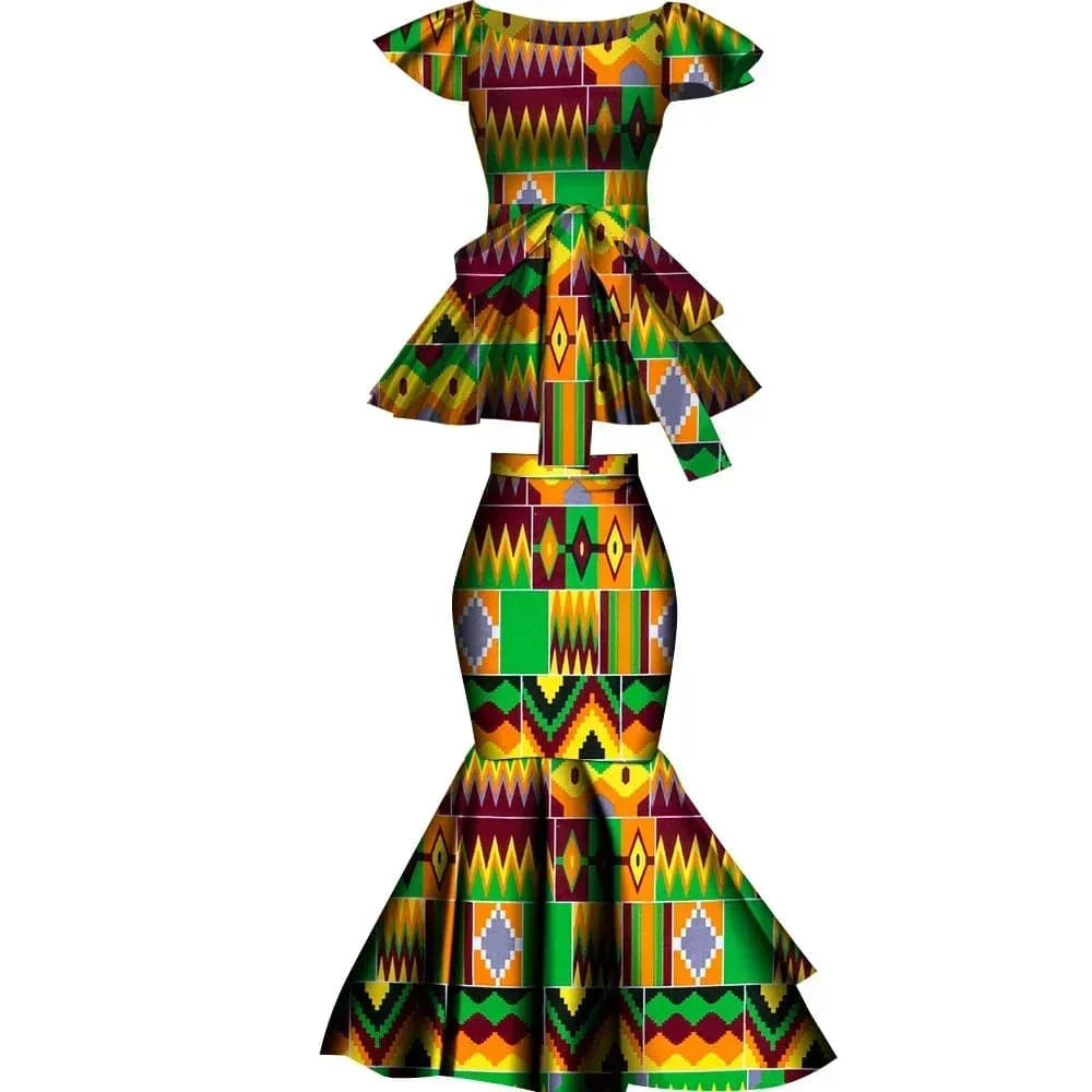 African Dashiki wax print cotton flared skirt and top set from Wingfei, plus-size party clothing with vibrant traditional design.