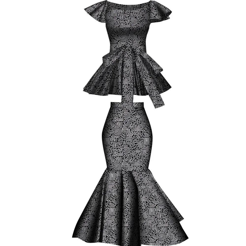 African Dashiki wax print cotton two-piece set with flared skirt and top, perfect for stylish plus-size party wear by SHOWLU FASHION.