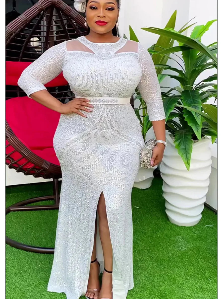HD African Sequin Wedding Dress by SHOWLU FASHION STORE, long sleeve Moroccan Kaftan with intricate sequin detailing for women.