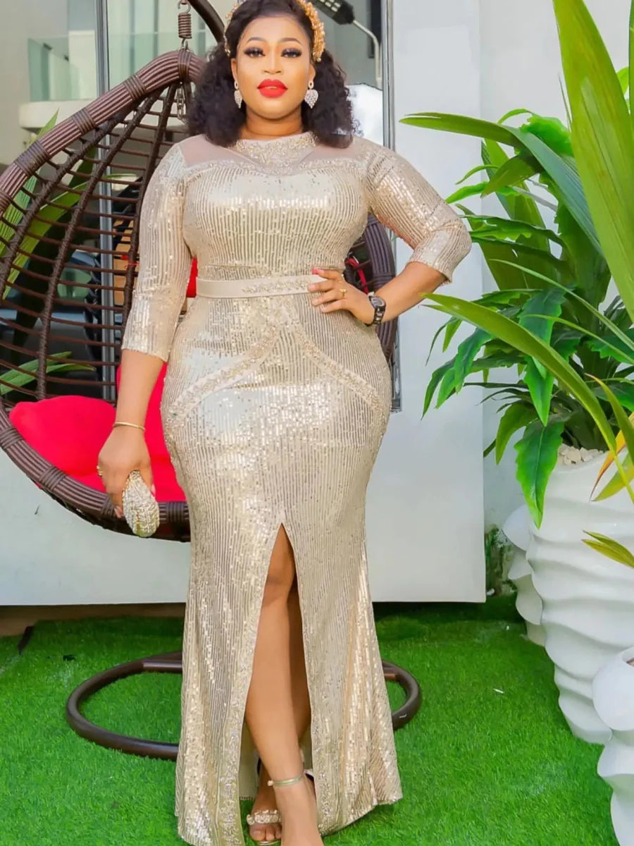 HD African sequin wedding dress with long sleeves and Moroccan-inspired design, featuring intricate embellishments and a flowing silhouette.