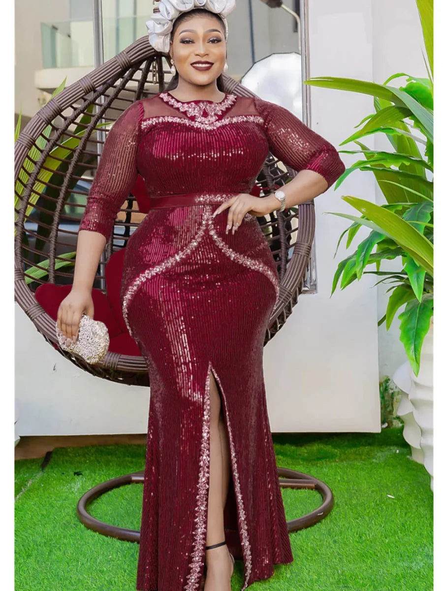 African Sequin Wedding Dress by SHOWLU FASHION STORE, long sleeve Moroccan kaftan with intricate sequin details for Muslim evening events.
