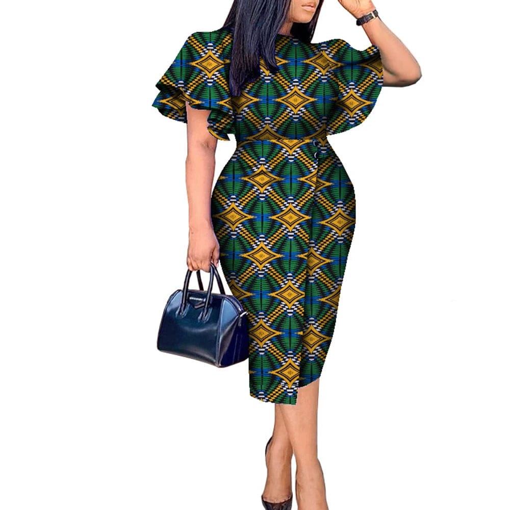African wax print Kitenge dress with butterfly sleeves by SHOWLU FASHION STORE, vibrant Bazin Riche fabric and colorful design.