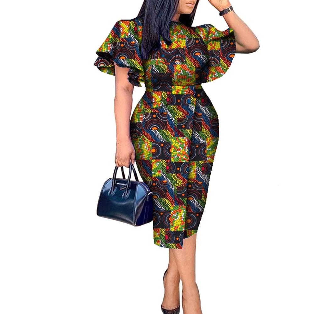 African wax print Kitenge dress with butterfly sleeves by SHOWLU FASHION STORE, featuring vibrant Bazin Riche fabric and intricate design.