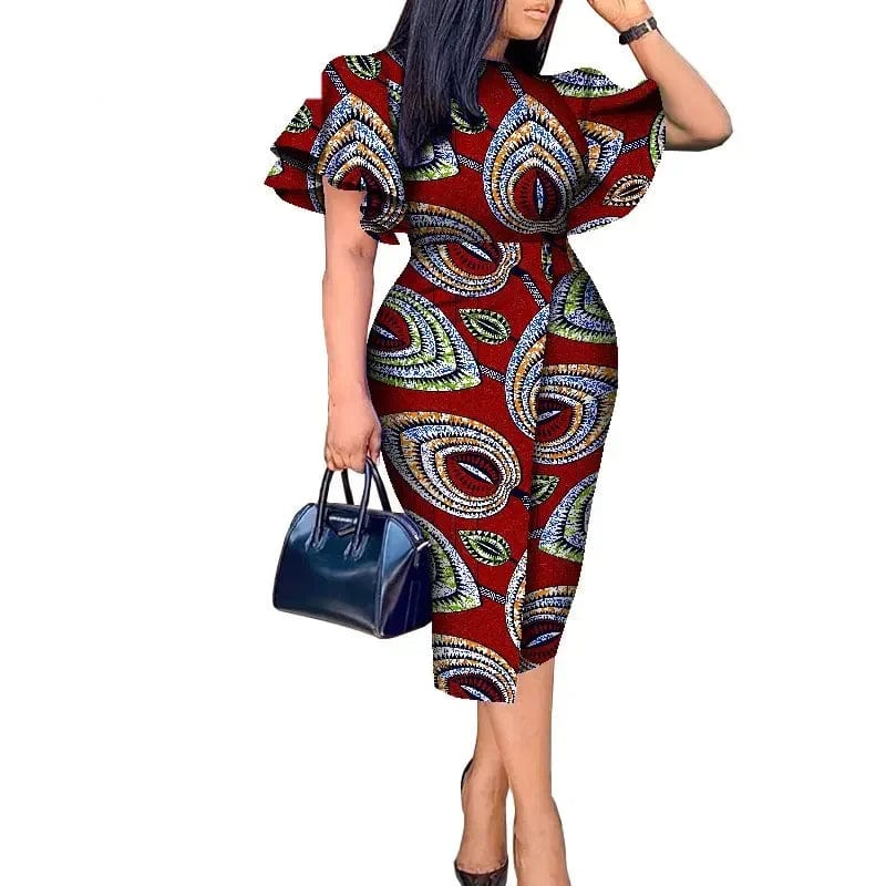 African wax print Kitenge dress with butterfly sleeves, vibrant Bazin Riche fabric, modeled by a woman in traditional style.