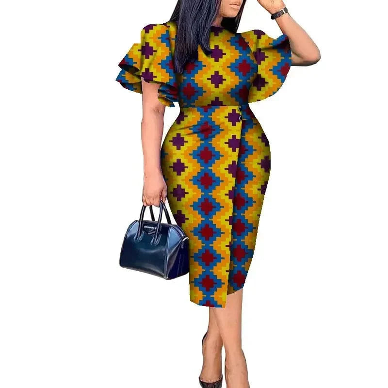 African wax print Kitenge dress with butterfly sleeves from SHOWLU FASHION STORE, featuring vibrant Bazin Riche fabric design.