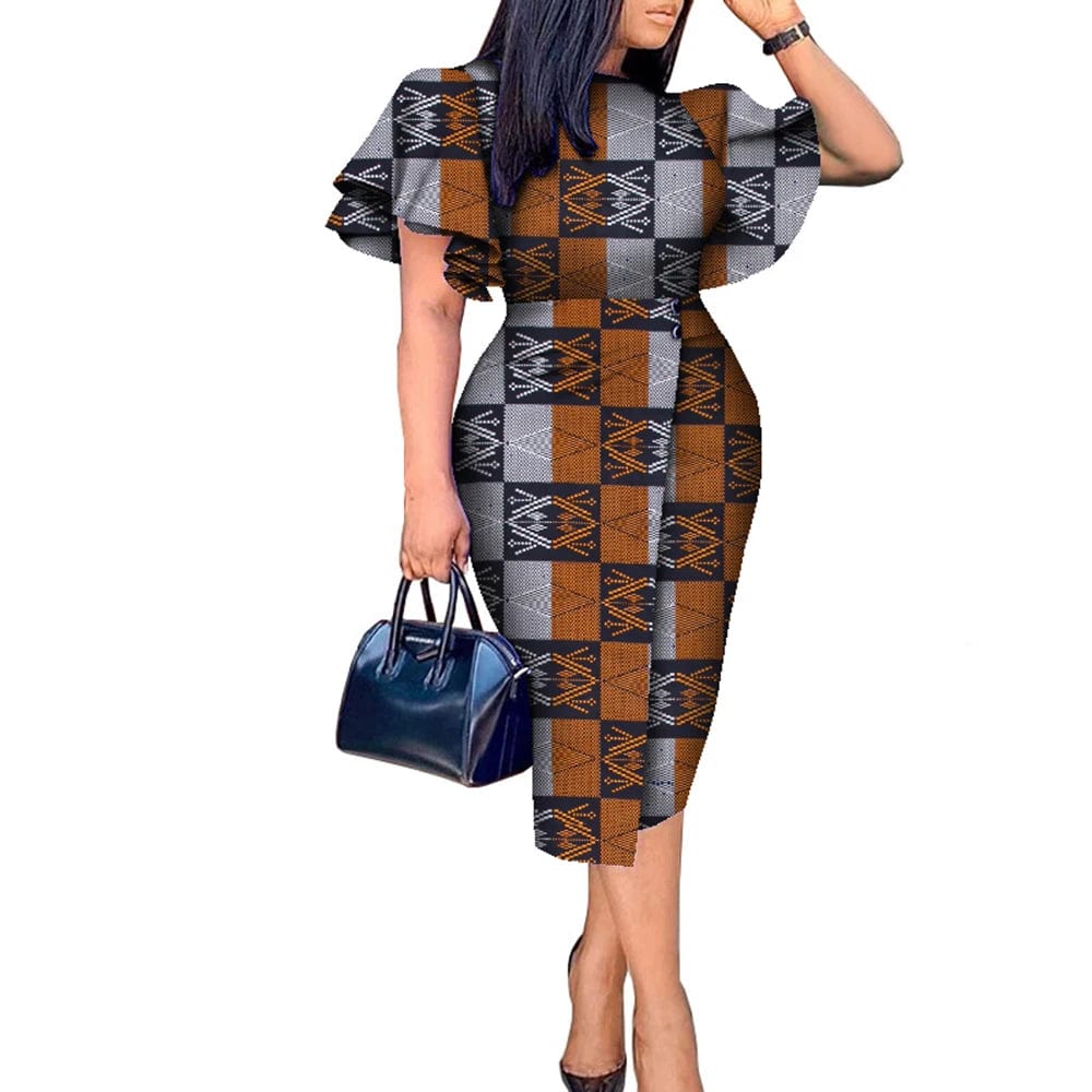 African wax print Kitenge dress with butterfly sleeves, vibrant Bazin Riche fabric, designed for stylish African women.