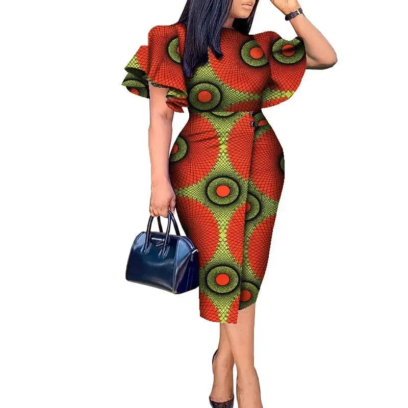 African wax print Kitenge dress with butterfly sleeves, featuring vibrant Bazin Riche fabric and intricate African design details.