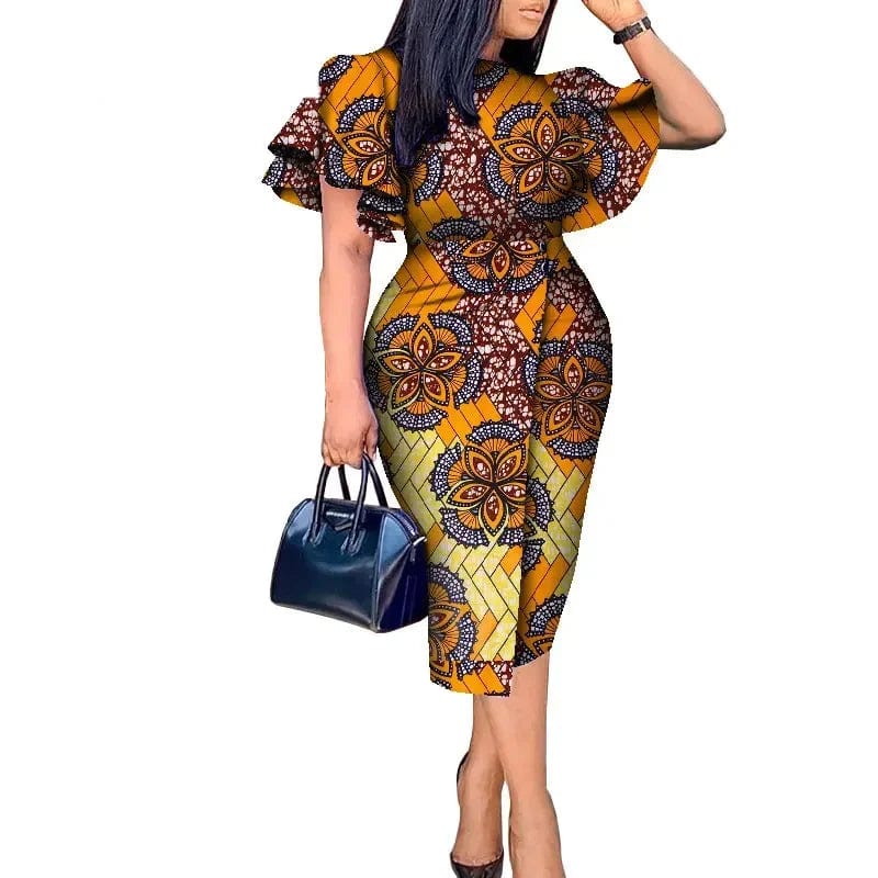 African wax print Kitenge dress with butterfly sleeves, vibrant Bazin Riche fabric, designed for women from SHOWLU FASHION STORE