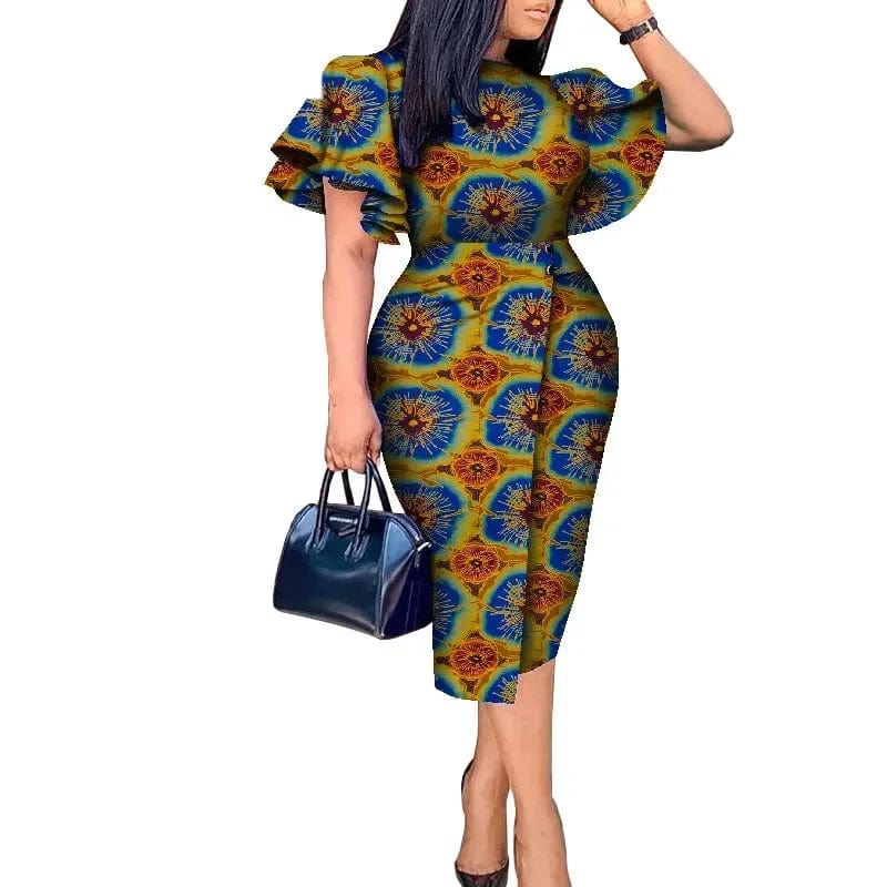African wax print Kitenge dress with butterfly sleeves, traditional Bazin Riche fabric, designed by SHOWLU FASHION STORE.