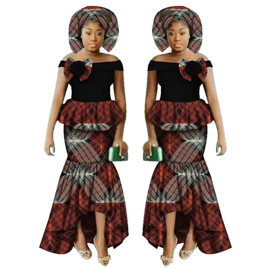 African Women Dashiki Print Clothing Sets Two Pieces Short Sleeve Tops Skirts Set Plus Mermaid Maxi Dress Women Party Clothes - SHOWLU FASHION STORE