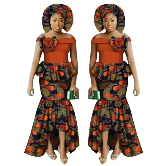 African Women Dashiki Print Clothing Sets Two Pieces Short Sleeve Tops Skirts Set Plus Mermaid Maxi Dress Women Party Clothes - SHOWLU FASHION STORE