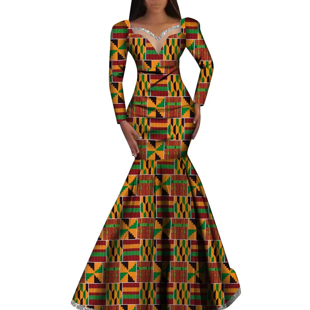Elegant African women's Ankara cotton dress featuring traditional Nigerian dashiki style, long sleeve, suitable for parties and formal events.