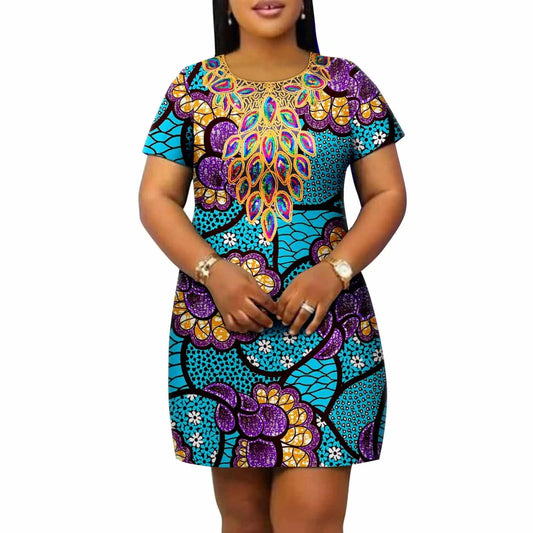 African Women's Plus Size Dress Casual Style Ankara Printed Fabric Loose Round Neck Casual Dress A2225145 - SHOWLU FASHION STORE