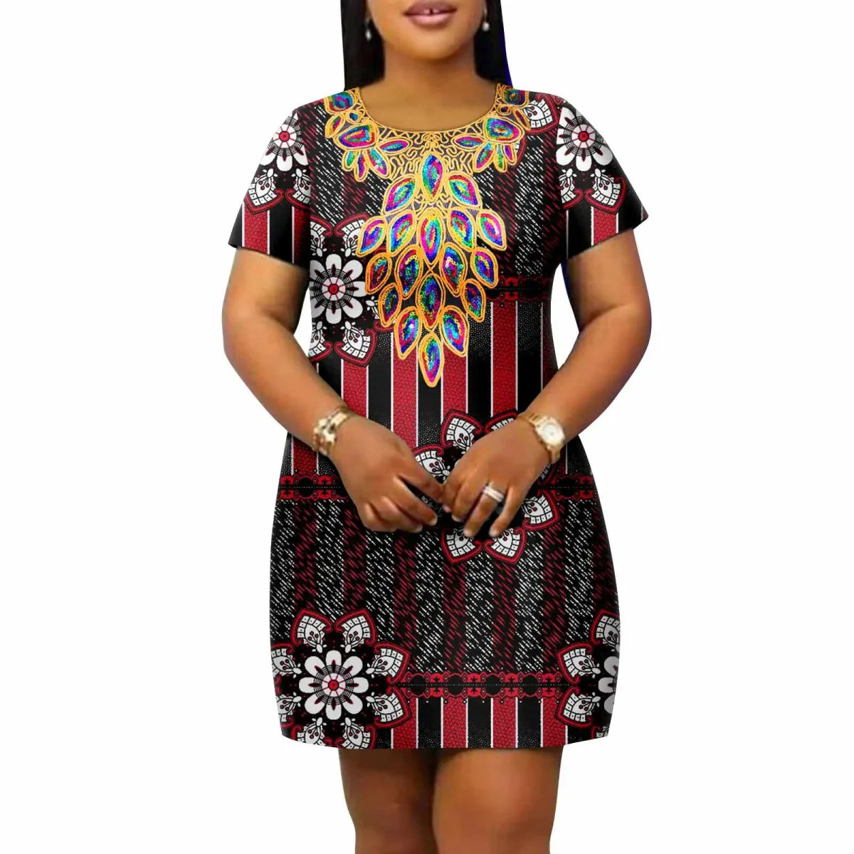 African Ankara print plus size cotton dress with a loose fit and round neck, perfect for casual wear from SHOWLU FASHION STORE.