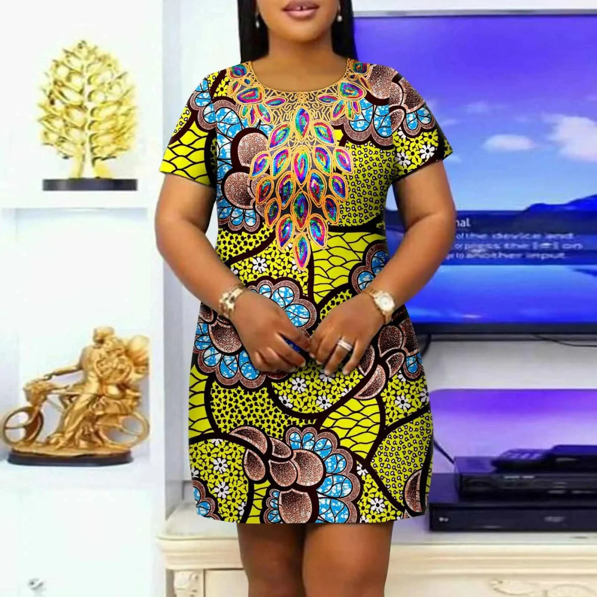 African Ankara print plus size dress by SHOWLU FASHION STORE featuring a loose cotton fit and round neckline, casual style.