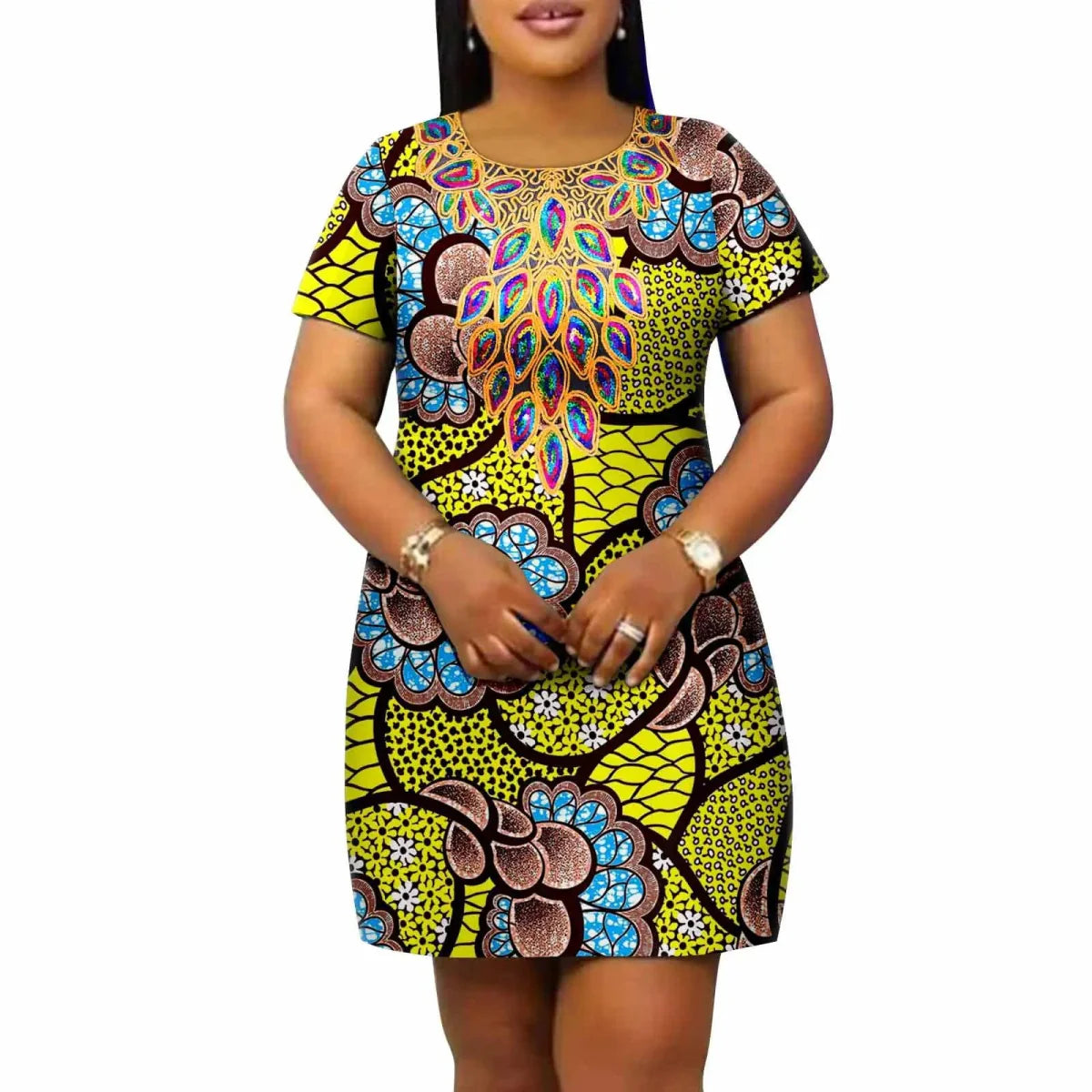 African Ankara print plus size dress by SHOWLU FASHION STORE, casual cotton dress with loose fit and round neck for women.