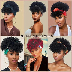 Afro Kinky Curly Headband Wig Short Curly Wig with Headband for Women Natural Synthetic Puff Curly Headband Wig with Bangs - SHOWLU FASHION STORE