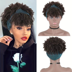 Afro Kinky Curly Headband Wig Short Curly Wig with Headband for Women Natural Synthetic Puff Curly Headband Wig with Bangs - SHOWLU FASHION STORE