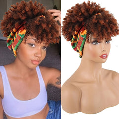 Afro Kinky Curly Headband Wig Short Curly Wig with Headband for Women Natural Synthetic Puff Curly Headband Wig with Bangs - SHOWLU FASHION STORE