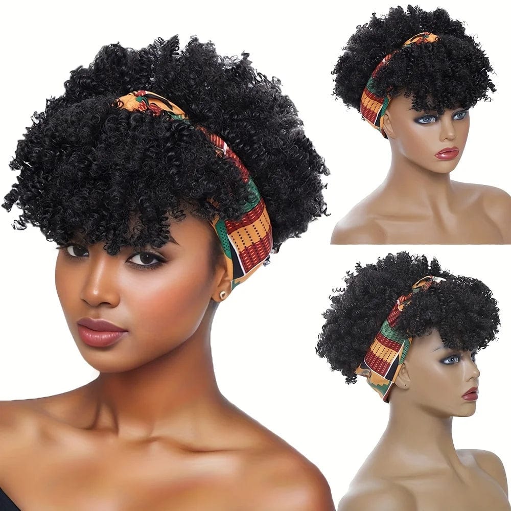 Afro Kinky Curly Headband Wig Short Curly Wig with Headband for Women Natural Synthetic Puff Curly Headband Wig with Bangs - SHOWLU FASHION STORE