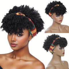 Afro Kinky Curly Headband Wig Short Curly Wig with Headband for Women Natural Synthetic Puff Curly Headband Wig with Bangs - SHOWLU FASHION STORE