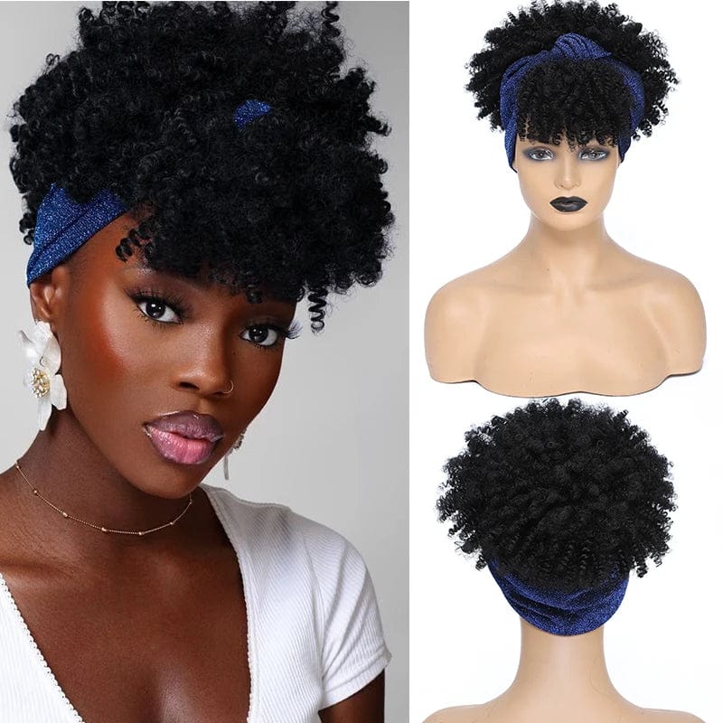 Afro Kinky Curly Headband Wig Short Curly Wig with Headband for Women Natural Synthetic Puff Curly Headband Wig with Bangs - SHOWLU FASHION STORE