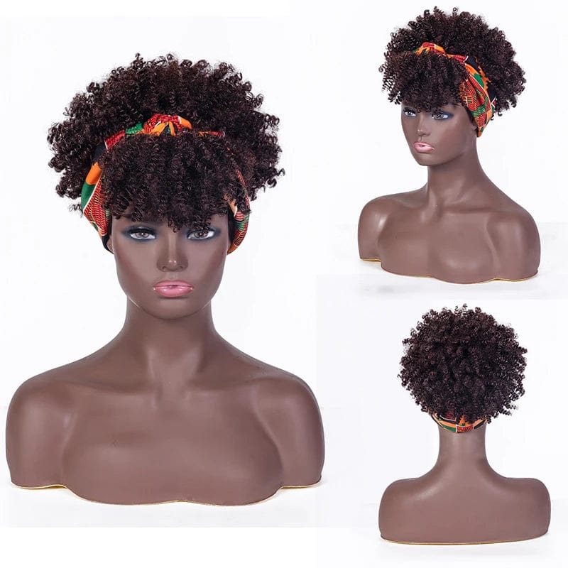 Afro Kinky Curly Headband Wig Short Curly Wig with Headband for Women Natural Synthetic Puff Curly Headband Wig with Bangs - SHOWLU FASHION STORE