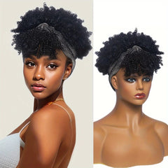 Afro Kinky Curly Headband Wig Short Curly Wig with Headband for Women Natural Synthetic Puff Curly Headband Wig with Bangs - SHOWLU FASHION STORE