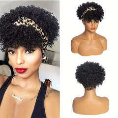 Afro Kinky Curly Headband Wig Short Curly Wig with Headband for Women Natural Synthetic Puff Curly Headband Wig with Bangs - SHOWLU FASHION STORE