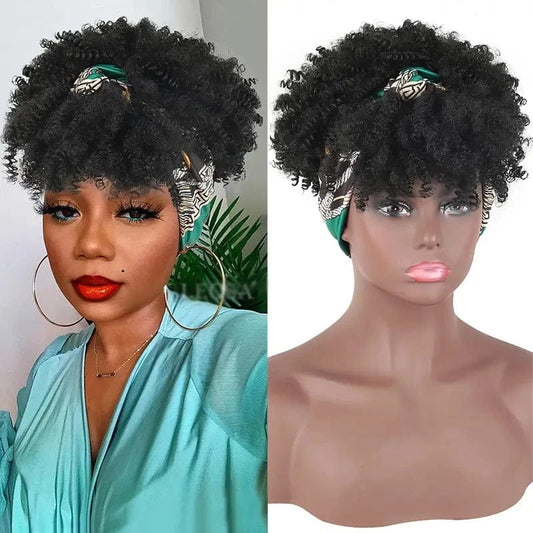 Afro Kinky Curly Headband Wig Short Curly Wig with Headband for Women Natural Synthetic Puff Curly Headband Wig with Bangs - SHOWLU FASHION STORE