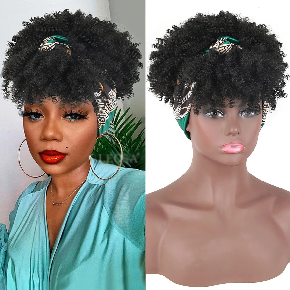 Afro Kinky Curly Headband Wig Short Curly Wig with Headband for Women Natural Synthetic Puff Curly Headband Wig with Bangs - SHOWLU FASHION STORE