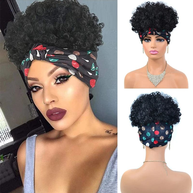 Afro Kinky Curly Headband Wig Short Curly Wig with Headband for Women Natural Synthetic Puff Curly Headband Wig with Bangs - SHOWLU FASHION STORE