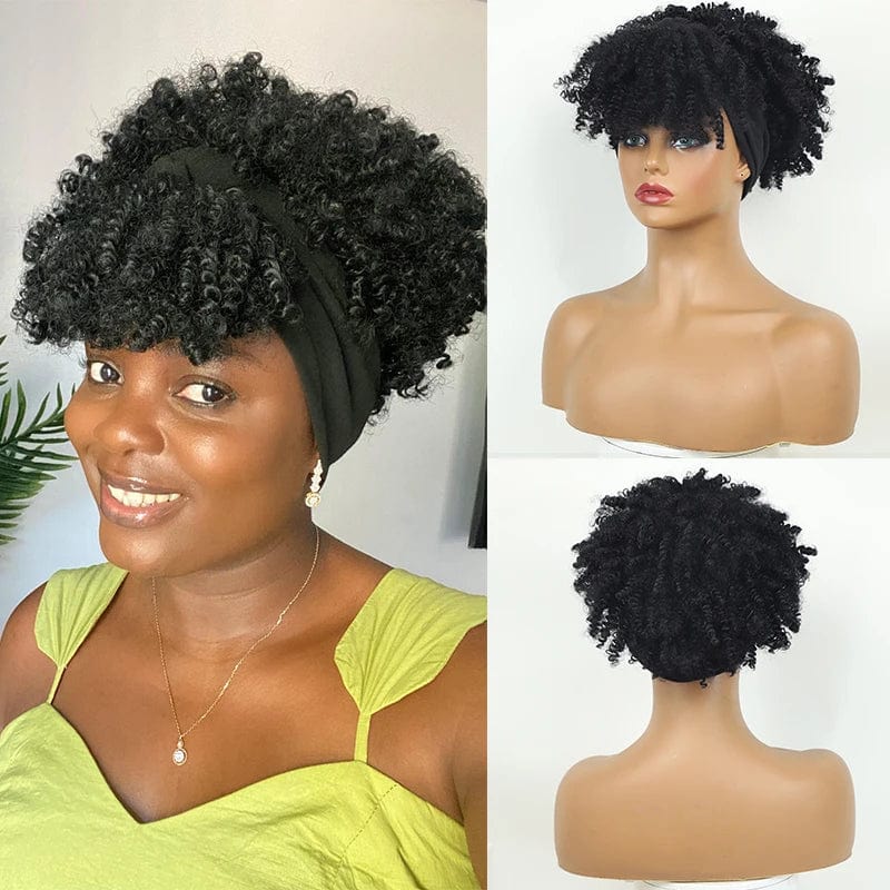 Afro Kinky Curly Headband Wig Short Curly Wig with Headband for Women Natural Synthetic Puff Curly Headband Wig with Bangs - SHOWLU FASHION STORE